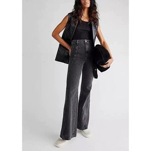 Free People 27 Flare High Rise Jeans We The Free Florence Black Coal Denim Boho